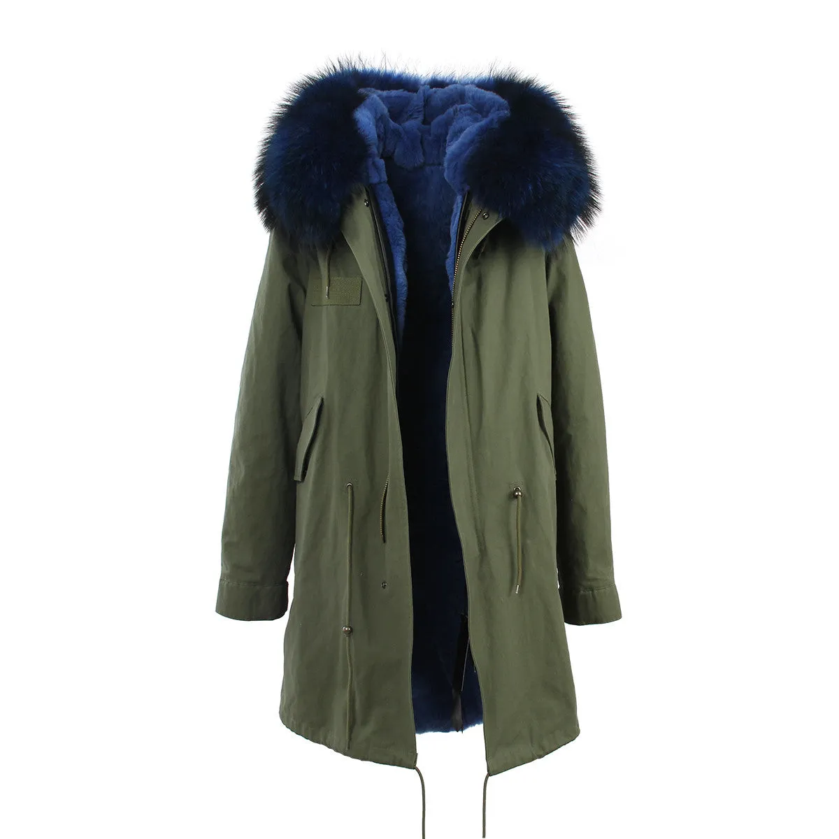 2016 New Fashion women's army green Large raccoon fur collar hooded long coat parkas outwear rabbit fur lining winter jacket