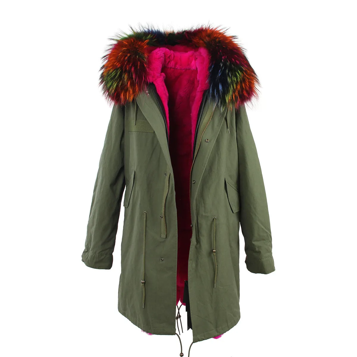 2016 New Fashion women's army green Large raccoon fur collar hooded long coat parkas outwear rabbit fur lining winter jacket