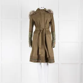 Alexander McQueen Khaki Jewelled Military Coat With Fur Collar