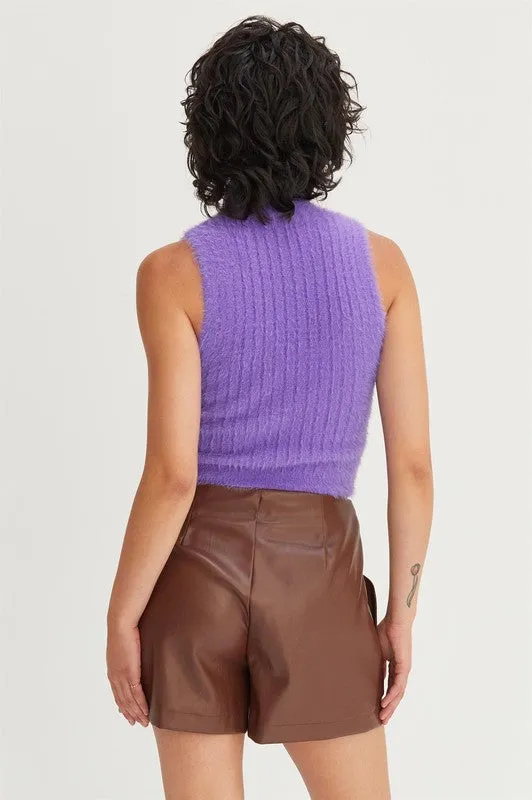 As If Purple Fuzzy Sleeveless Turtleneck Top