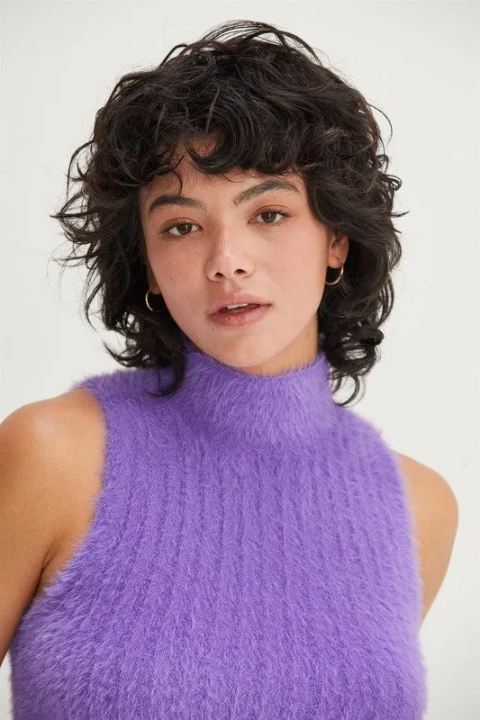 As If Purple Fuzzy Sleeveless Turtleneck Top