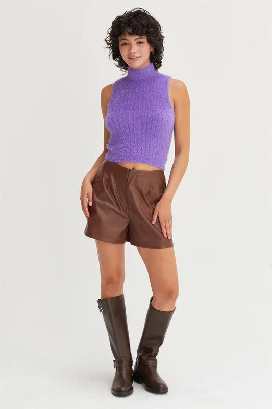 As If Purple Fuzzy Sleeveless Turtleneck Top