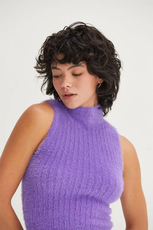 As If Purple Fuzzy Sleeveless Turtleneck Top