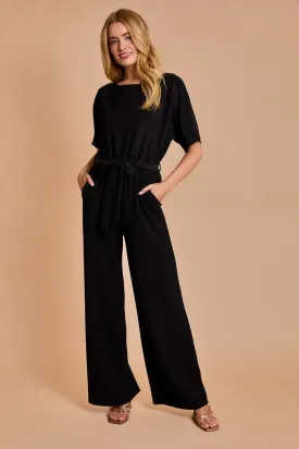 Boat Neck Short Sleeve Jumpsuit | Black Shimmer