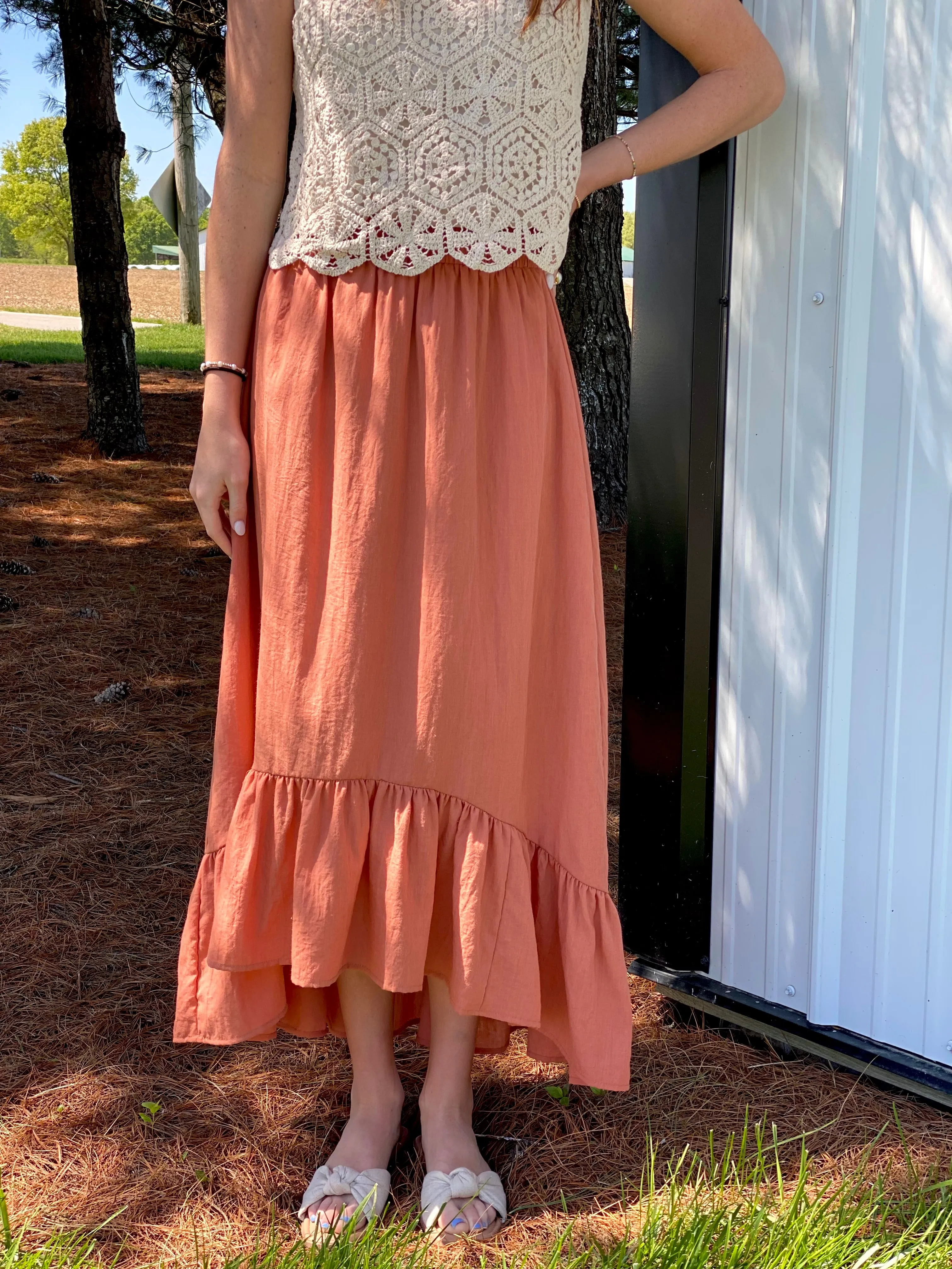 Brick Ruffle Long Skirt