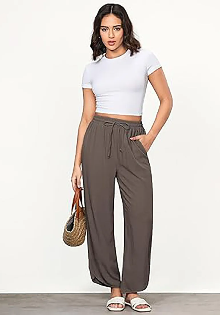Brown Women's Wide Leg Drawstring Harem Loose Permeable Palazzo Pant