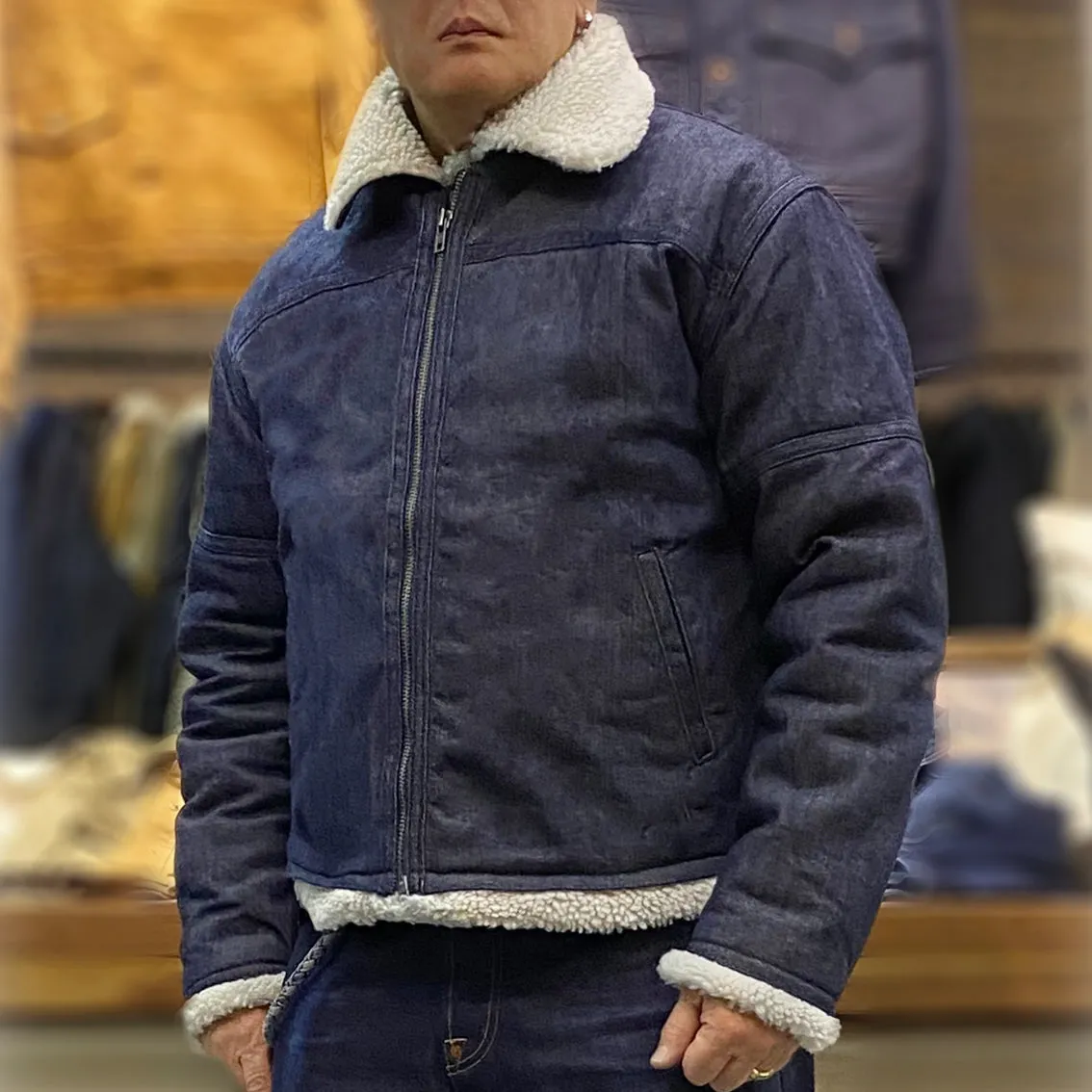 BZEN M.3054 GENGHIS-I REGULAR FIT RAF WW2 INSPIRED AVIATOR FLYING GRIZZLY DENIM JACKET-12OZ-E1 INDIGO