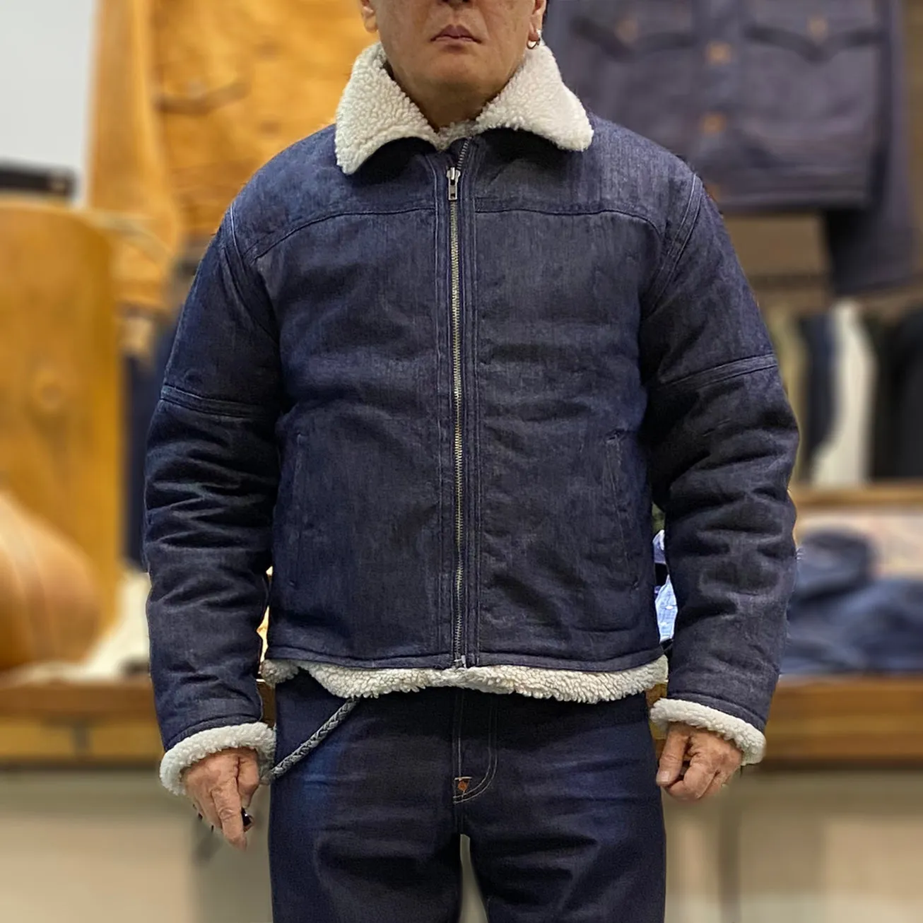 BZEN M.3054 GENGHIS-I REGULAR FIT RAF WW2 INSPIRED AVIATOR FLYING GRIZZLY DENIM JACKET-12OZ-E1 INDIGO