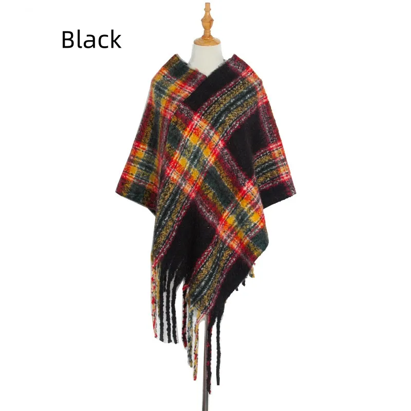 Checked Thick Tassel Pullover Cloak
