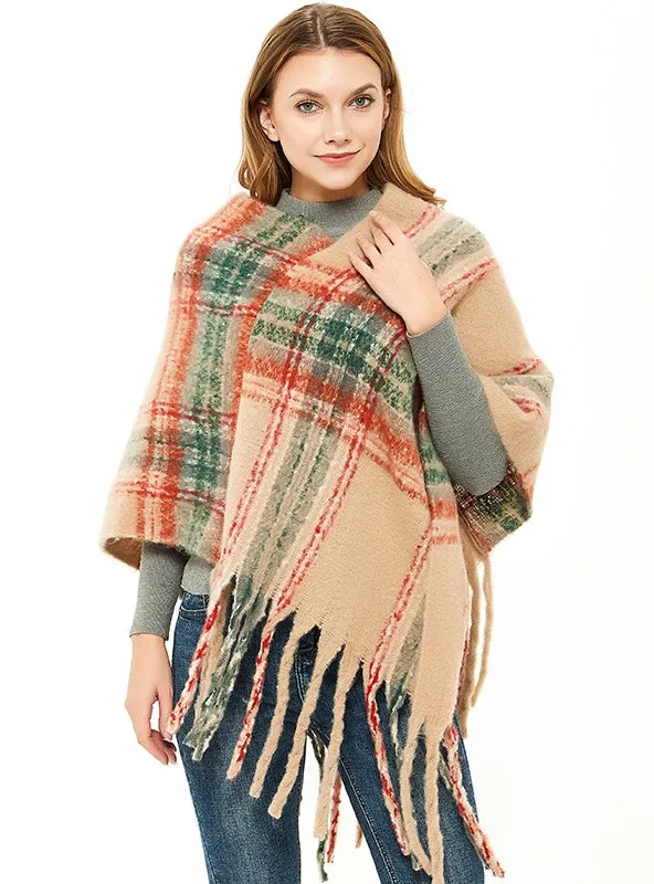 Checked Thick Tassel Pullover Cloak