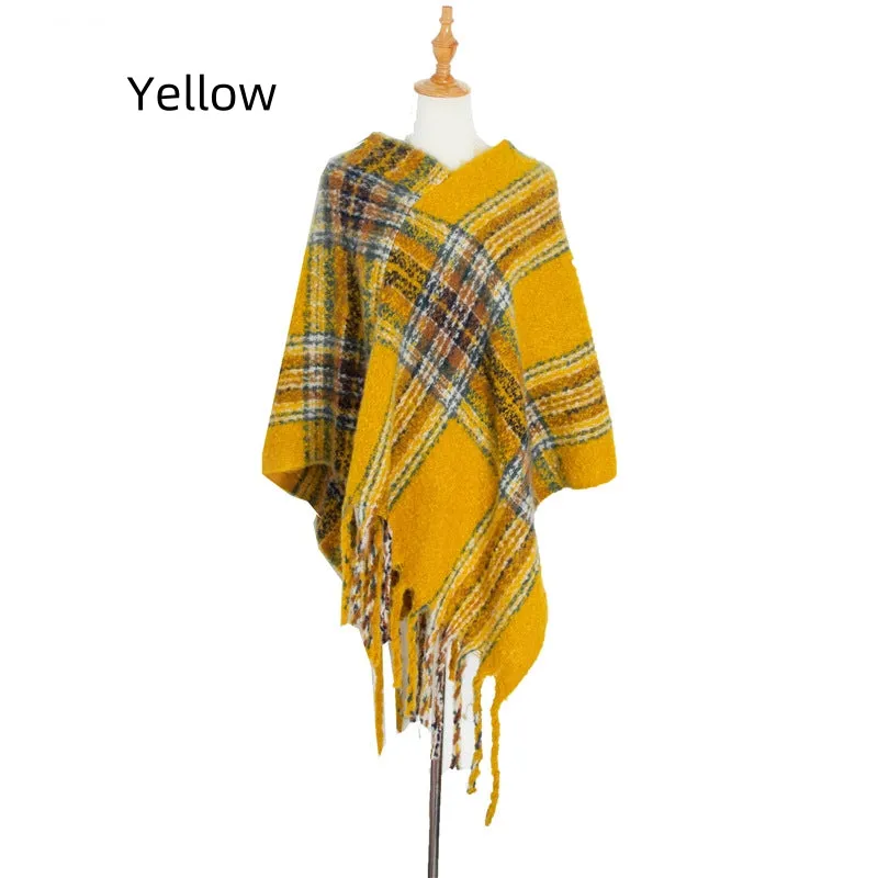 Checked Thick Tassel Pullover Cloak