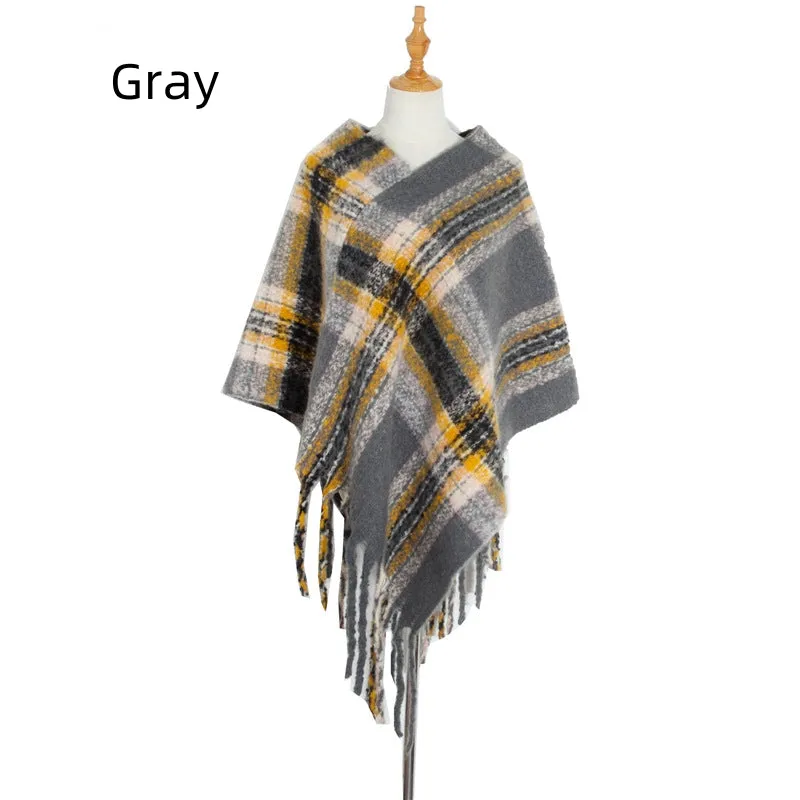 Checked Thick Tassel Pullover Cloak