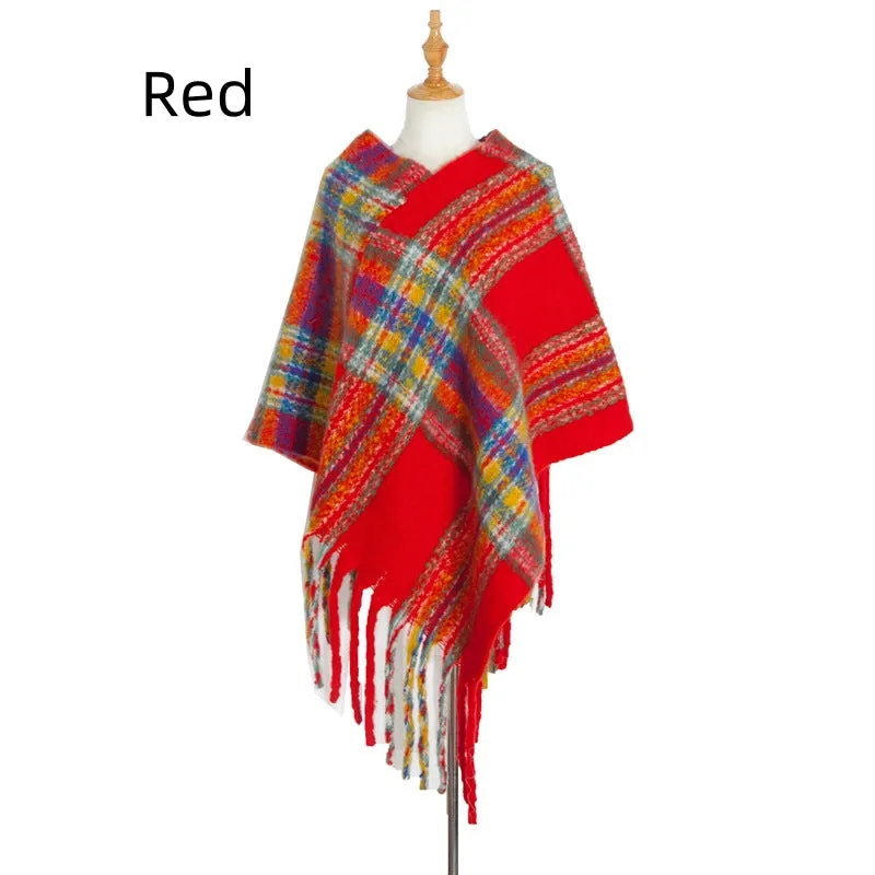 Checked Thick Tassel Pullover Cloak