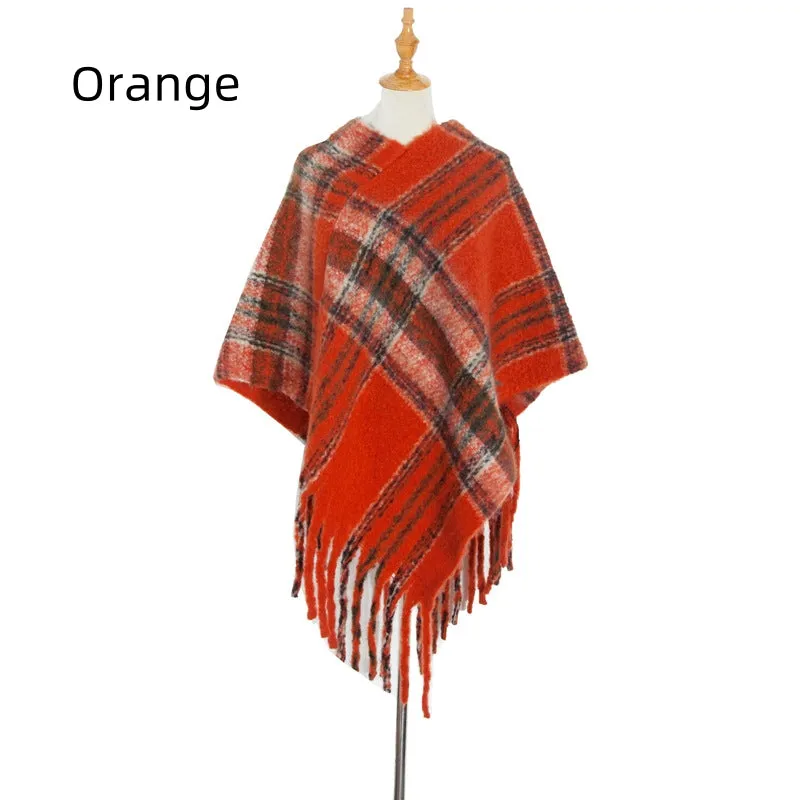 Checked Thick Tassel Pullover Cloak