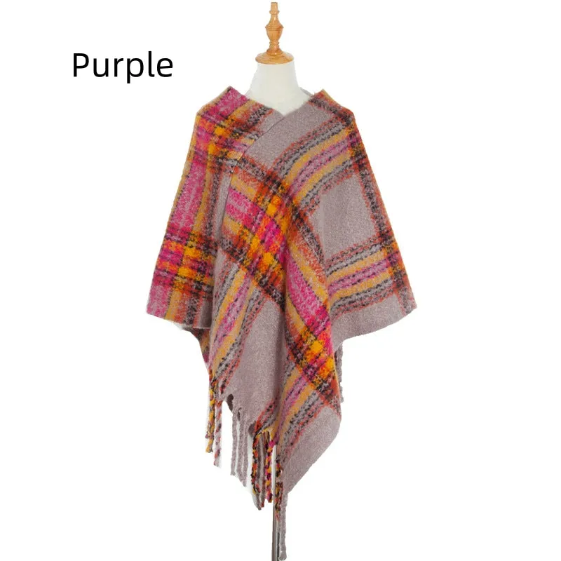 Checked Thick Tassel Pullover Cloak