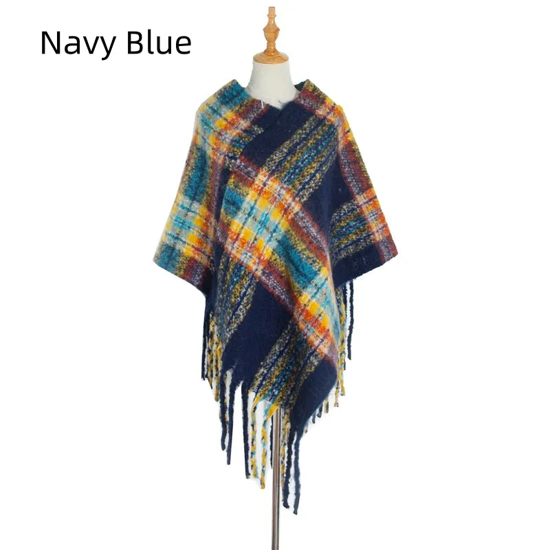 Checked Thick Tassel Pullover Cloak