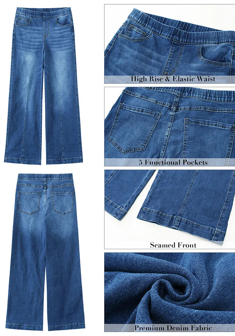 Classic Blue Women's Stretchy Pull On Jeans High Waisted Denim Pants