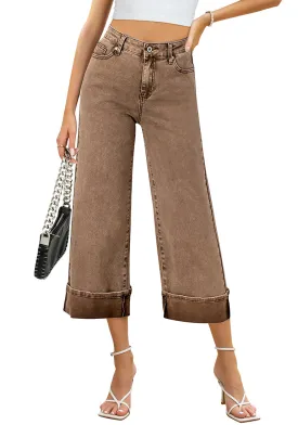 Coca Mocha Women's High Waisted Wide Leg Denim Jeans Cuffed Hem Baggy Pockets Capri Pants