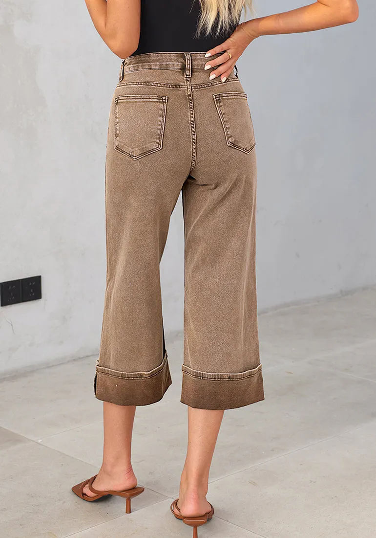 Coca Mocha Women's High Waisted Wide Leg Denim Jeans Cuffed Hem Baggy Pockets Capri Pants