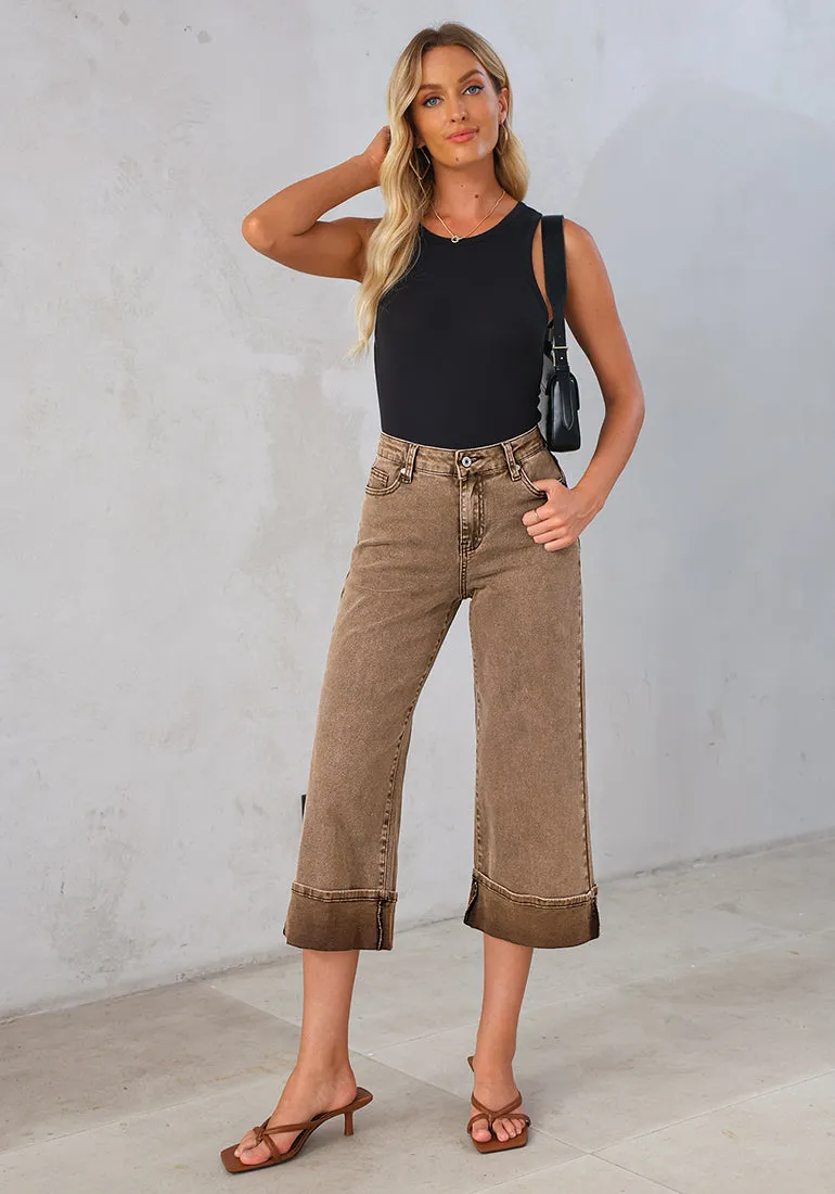 Coca Mocha Women's High Waisted Wide Leg Denim Jeans Cuffed Hem Baggy Pockets Capri Pants