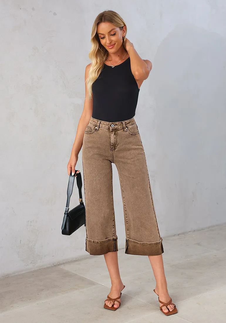 Coca Mocha Women's High Waisted Wide Leg Denim Jeans Cuffed Hem Baggy Pockets Capri Pants