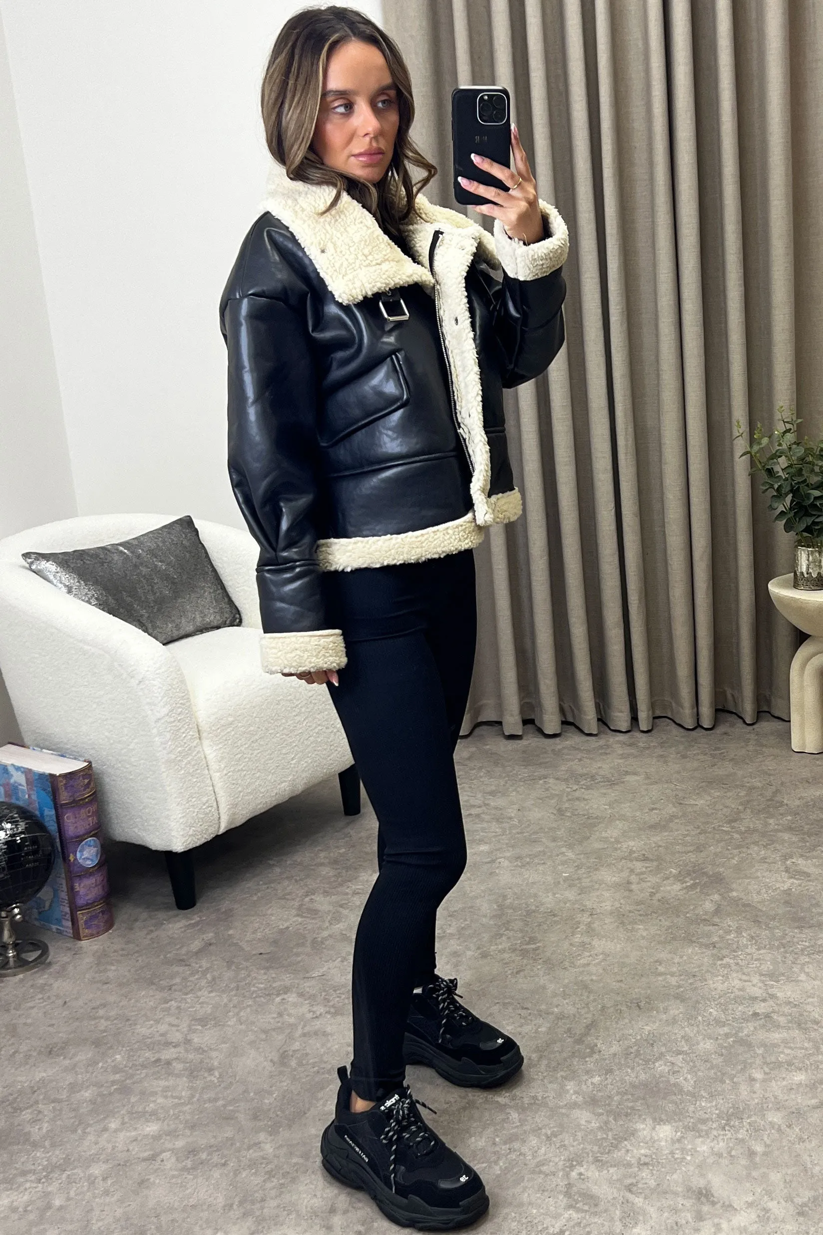 Destiny Black Faux Leather PU Shearling Aviator Jacket