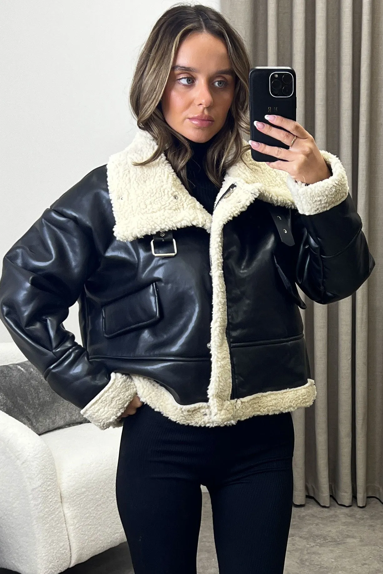 Destiny Black Faux Leather PU Shearling Aviator Jacket