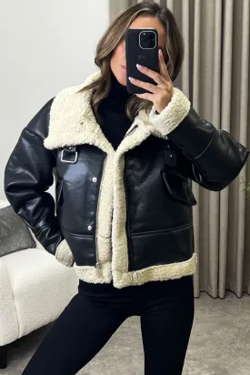 Destiny Black Faux Leather PU Shearling Aviator Jacket