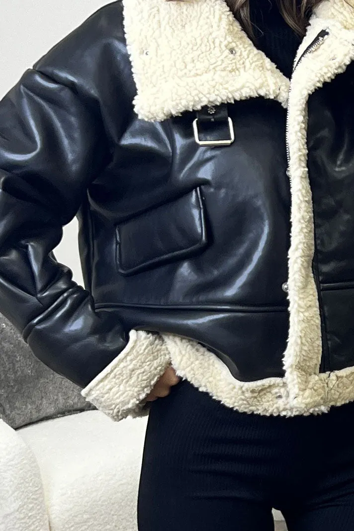 Destiny Black Faux Leather PU Shearling Aviator Jacket
