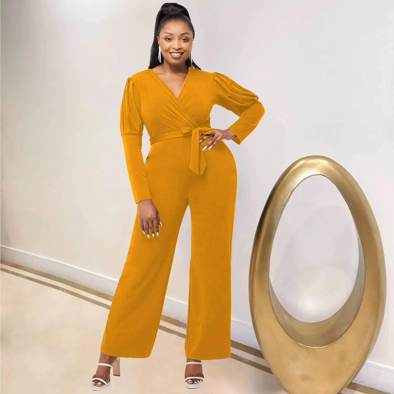 Elegant Long Sleeve V-Neck Belted Jumpsuit