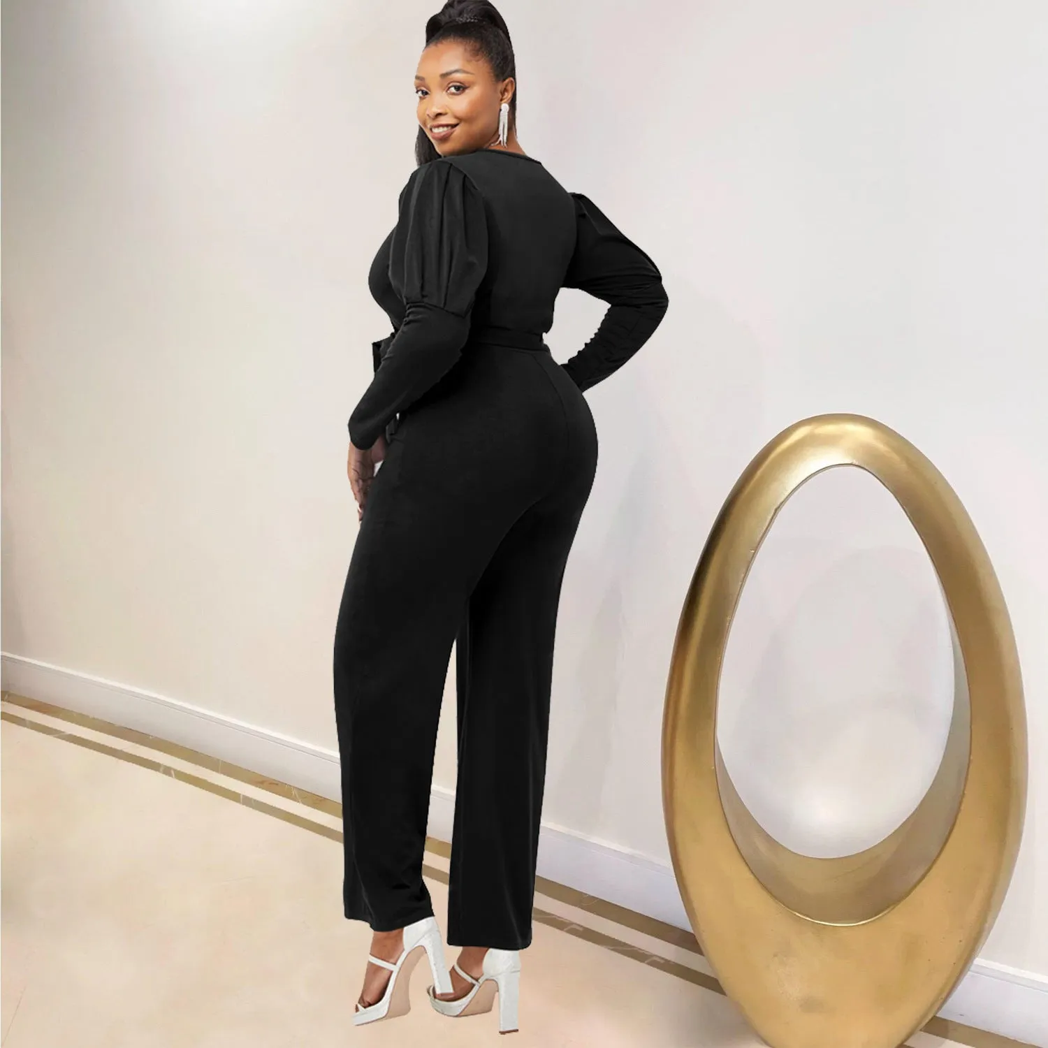 Elegant Long Sleeve V-Neck Belted Jumpsuit