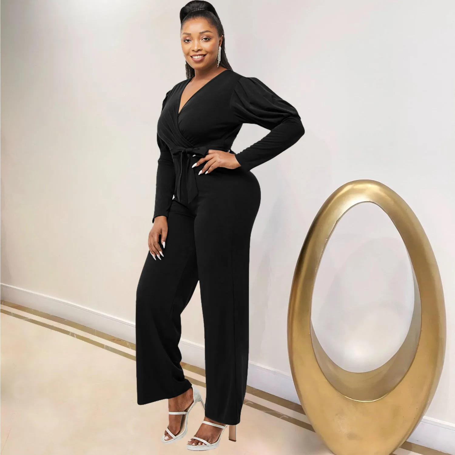Elegant Long Sleeve V-Neck Belted Jumpsuit