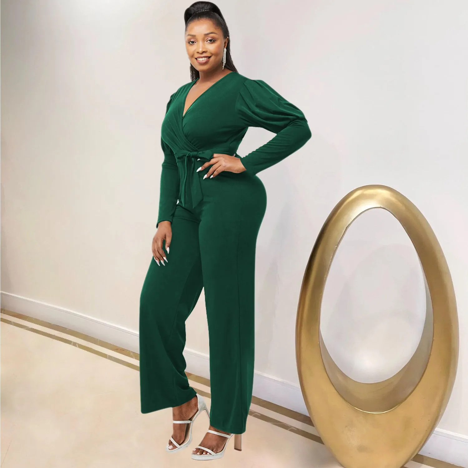 Elegant Long Sleeve V-Neck Belted Jumpsuit