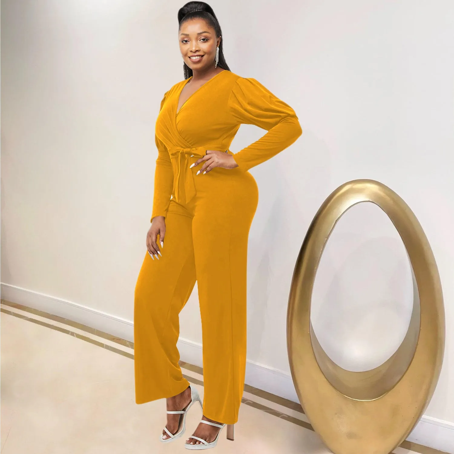 Elegant Long Sleeve V-Neck Belted Jumpsuit