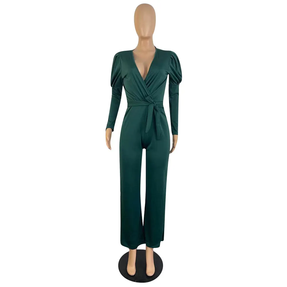 Elegant Long Sleeve V-Neck Belted Jumpsuit