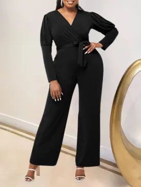 Elegant Long Sleeve V-Neck Belted Jumpsuit