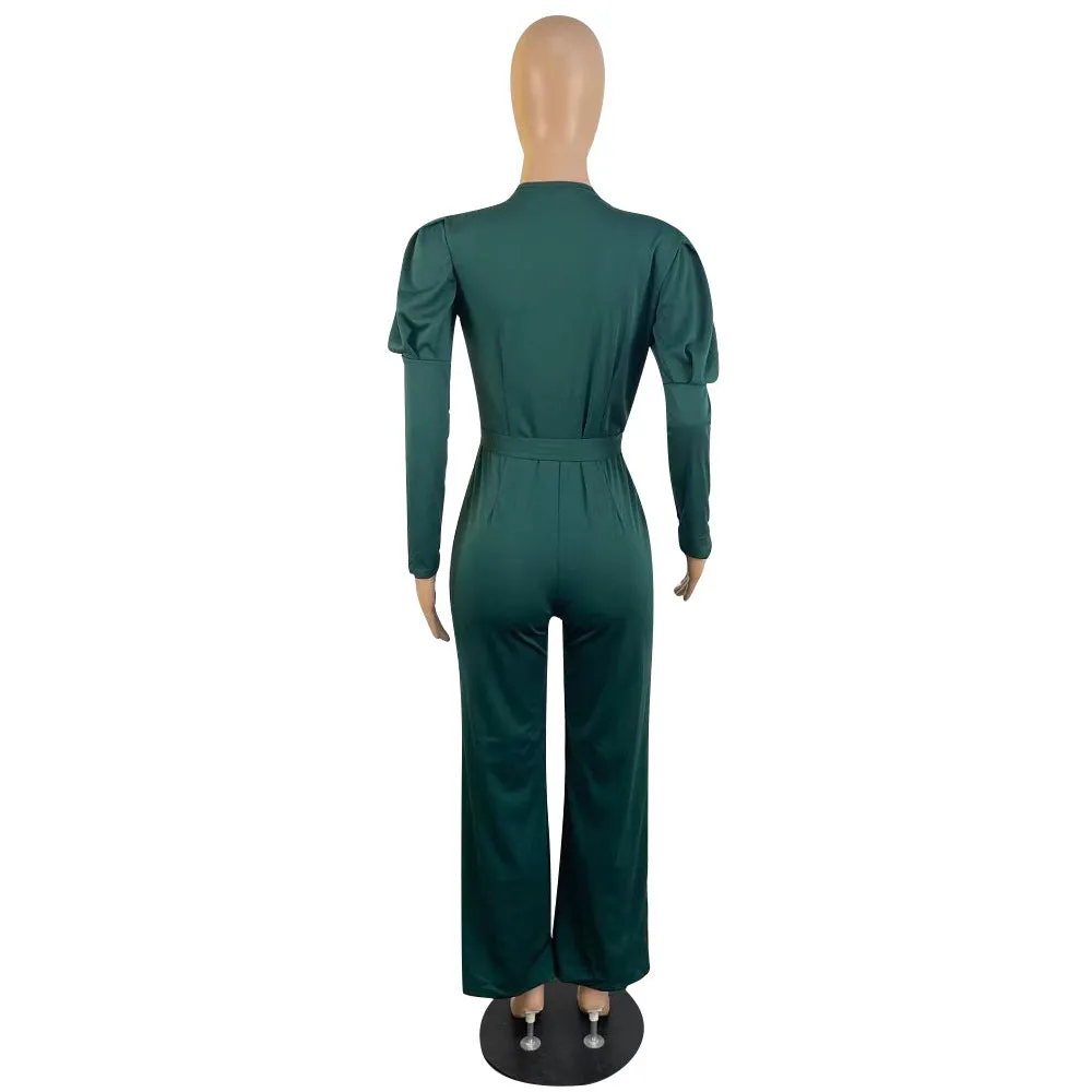 Elegant Long Sleeve V-Neck Belted Jumpsuit