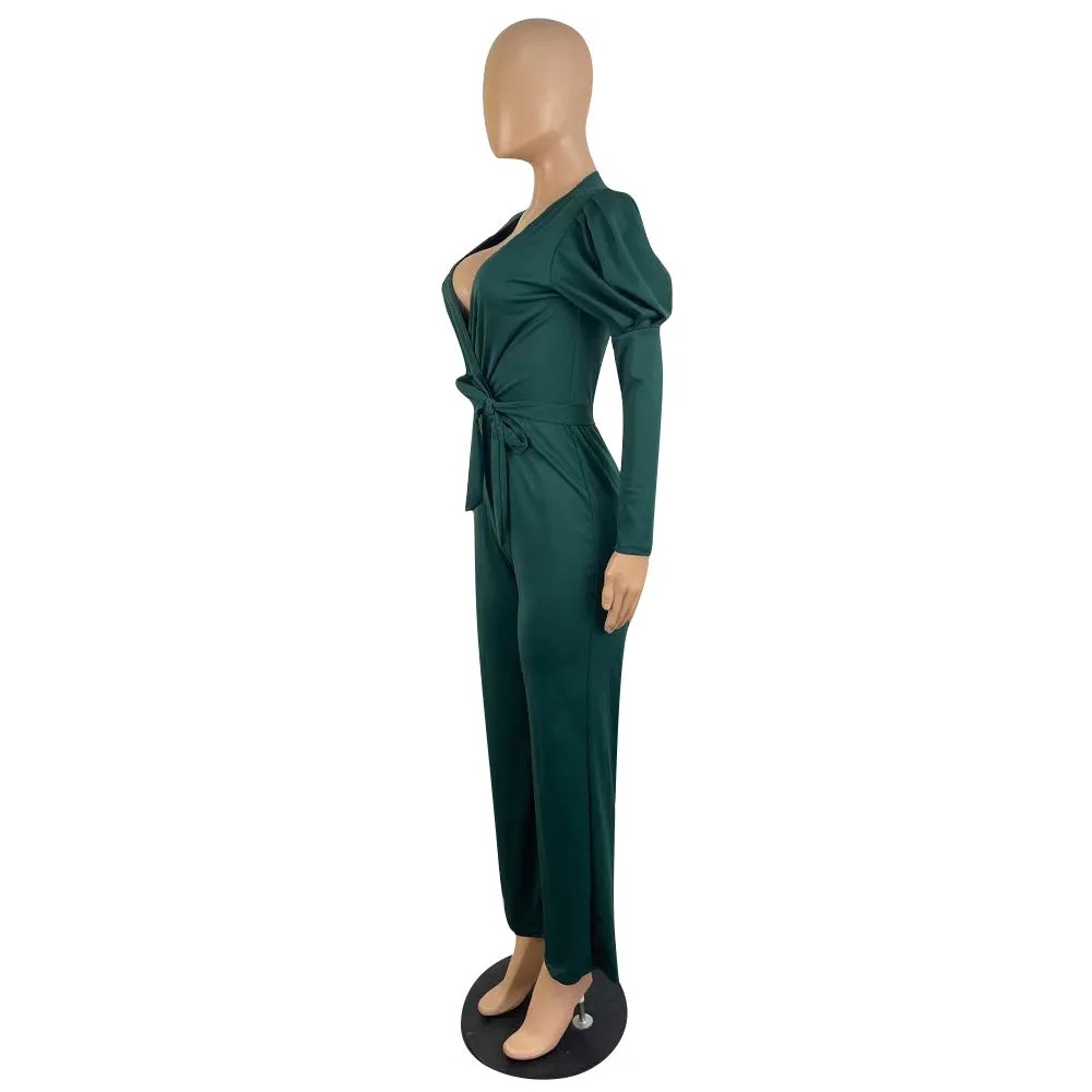 Elegant Long Sleeve V-Neck Belted Jumpsuit
