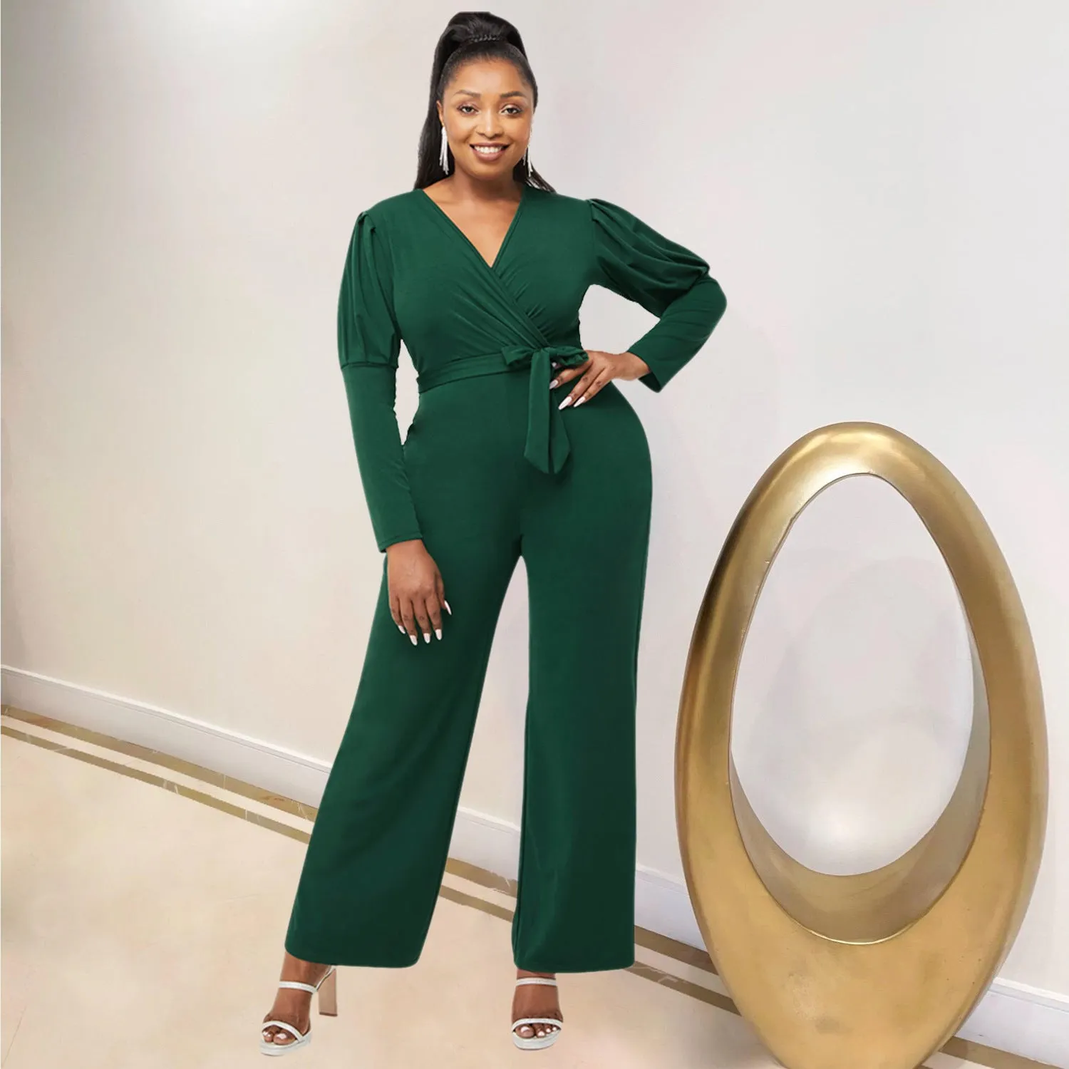 Elegant Long Sleeve V-Neck Belted Jumpsuit