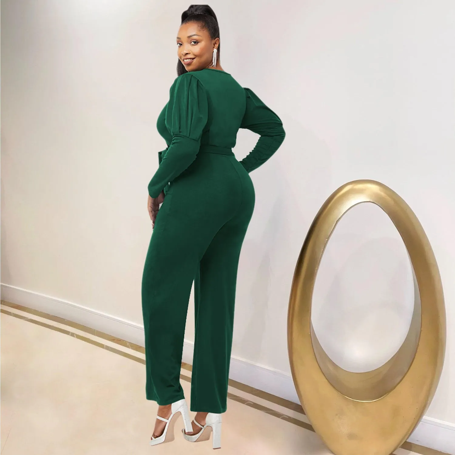 Elegant Long Sleeve V-Neck Belted Jumpsuit