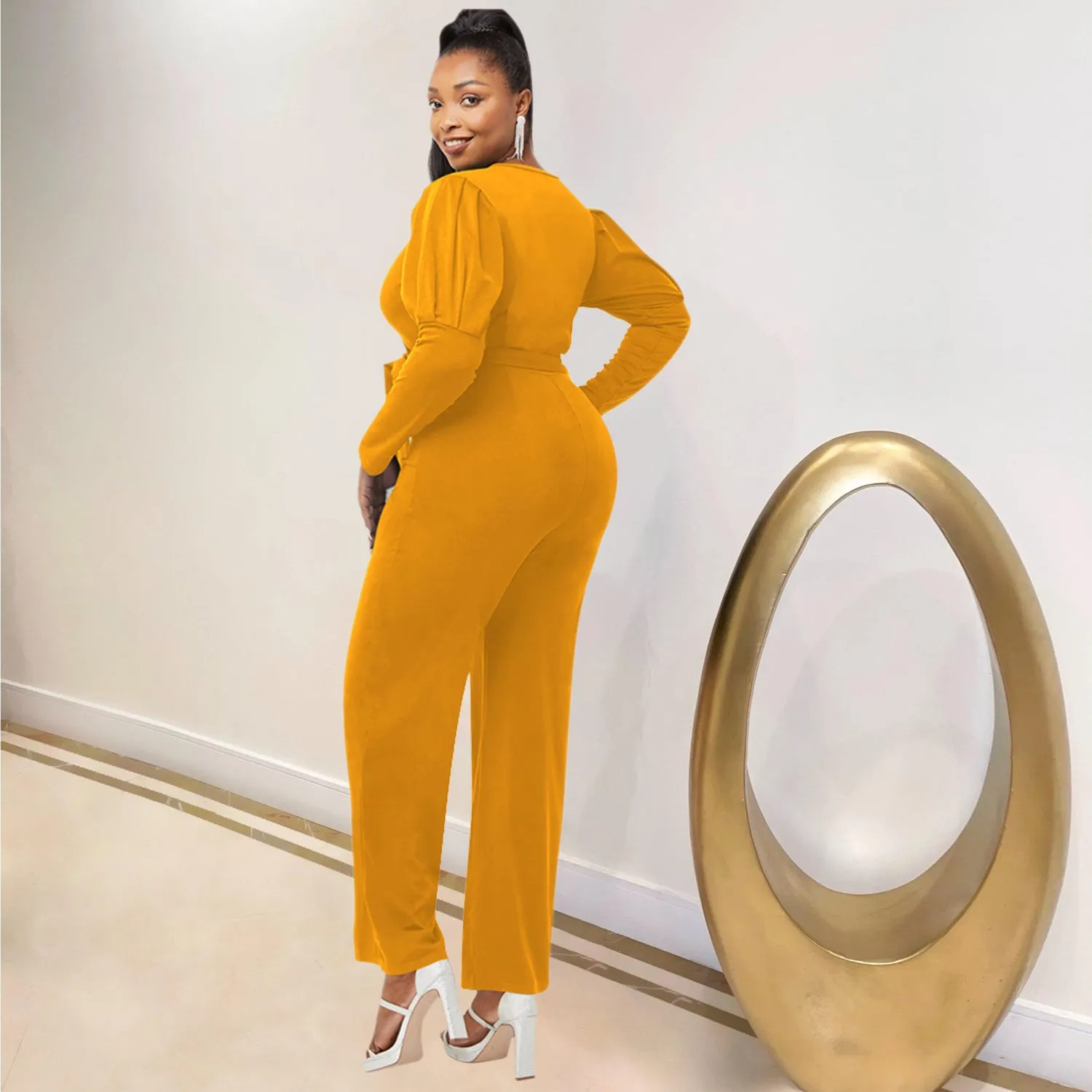 Elegant Long Sleeve V-Neck Belted Jumpsuit