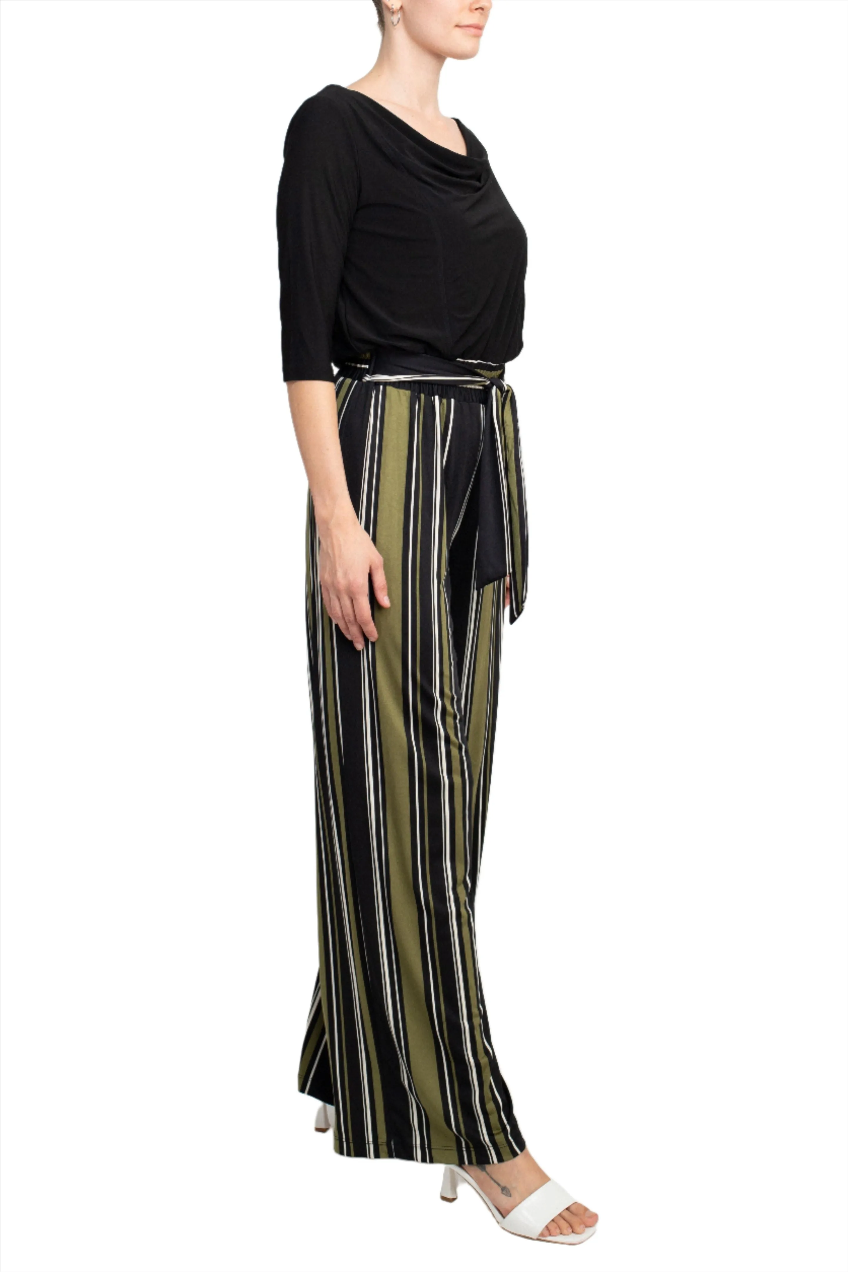 Emma & Michele Cowl Neck 3/4 Sleeve Tie Front Elastic Waist Jersey Jumpsuit