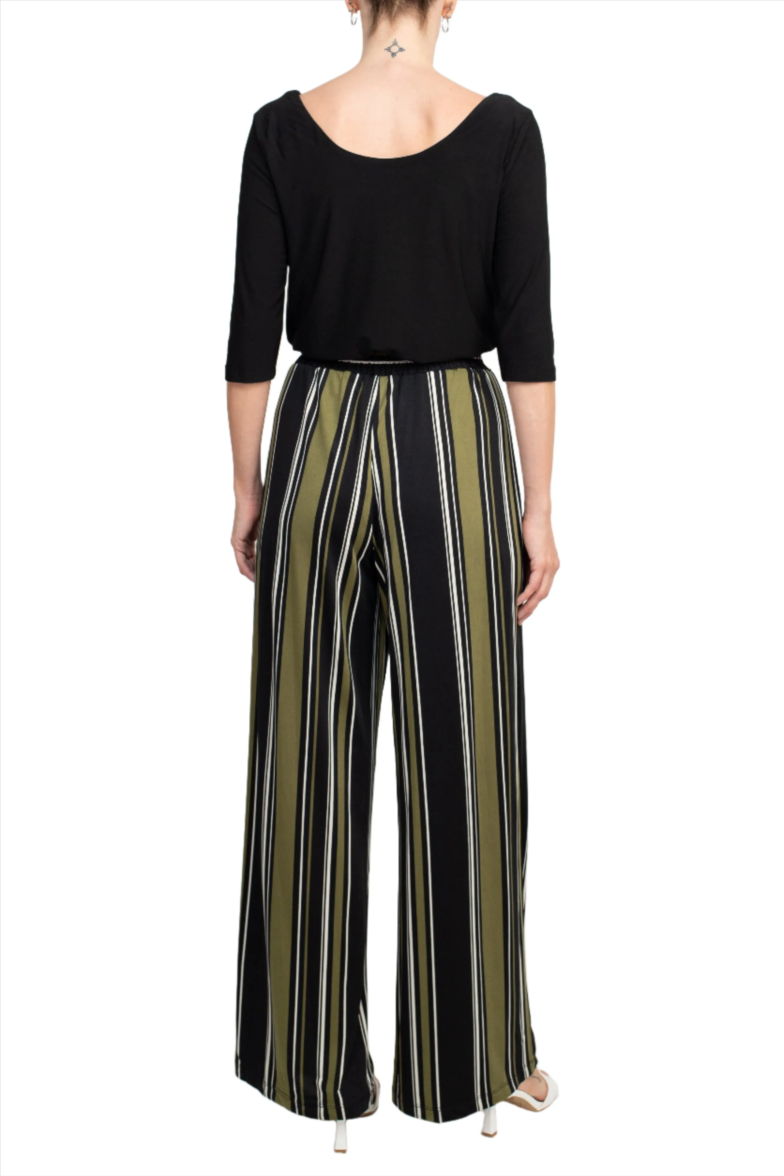 Emma & Michele Cowl Neck 3/4 Sleeve Tie Front Elastic Waist Jersey Jumpsuit