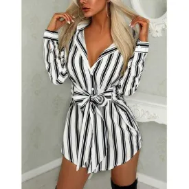 FashionSierra - Women Fashion Long Shirt Dress Ladies V-neck Striped Print Casual Summer Mini Dress Short Mini Dress