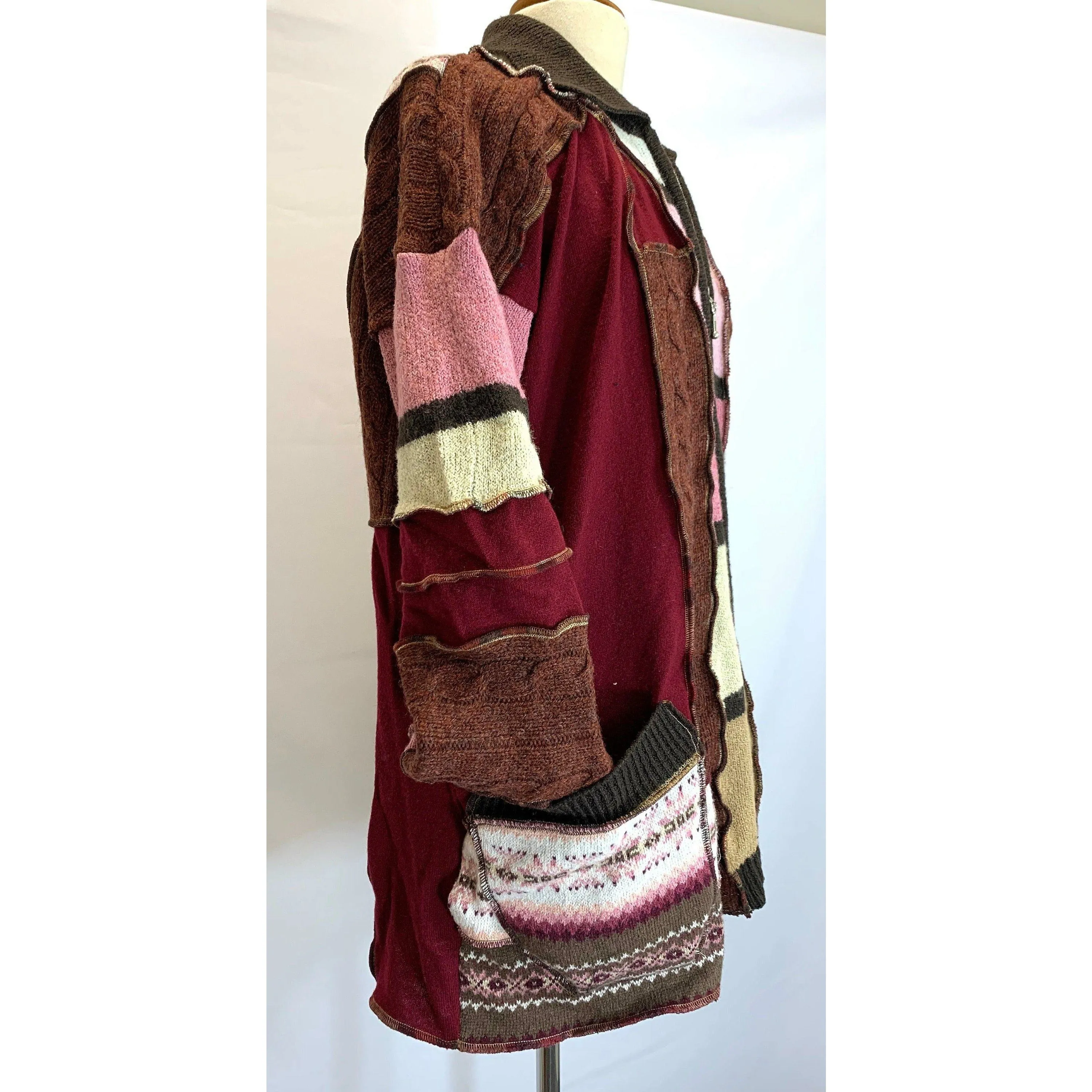 Fun Wool Cashmere Zippered front sweater cardigan jacket in recycled multi color fabrics - Large to XL. Free Shipping.