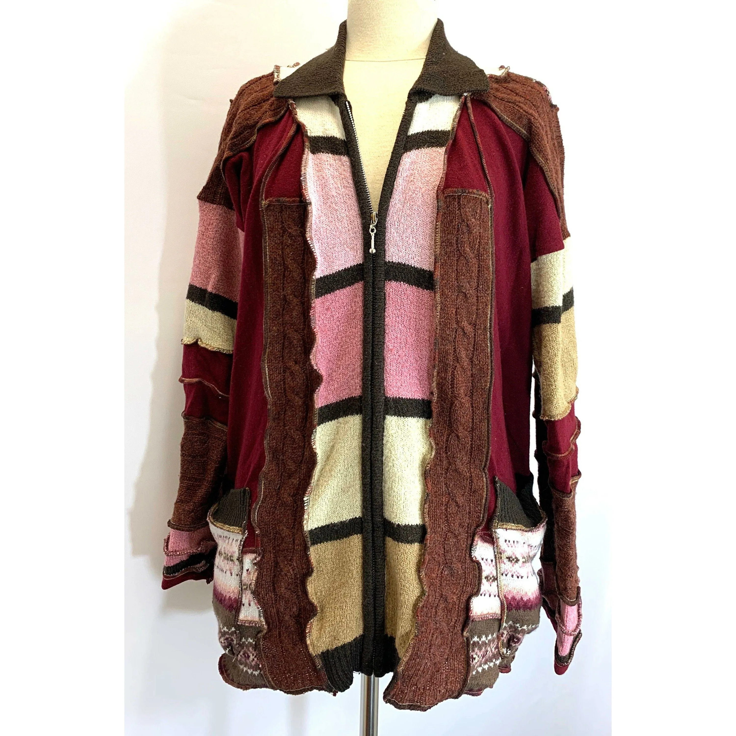 Fun Wool Cashmere Zippered front sweater cardigan jacket in recycled multi color fabrics - Large to XL. Free Shipping.