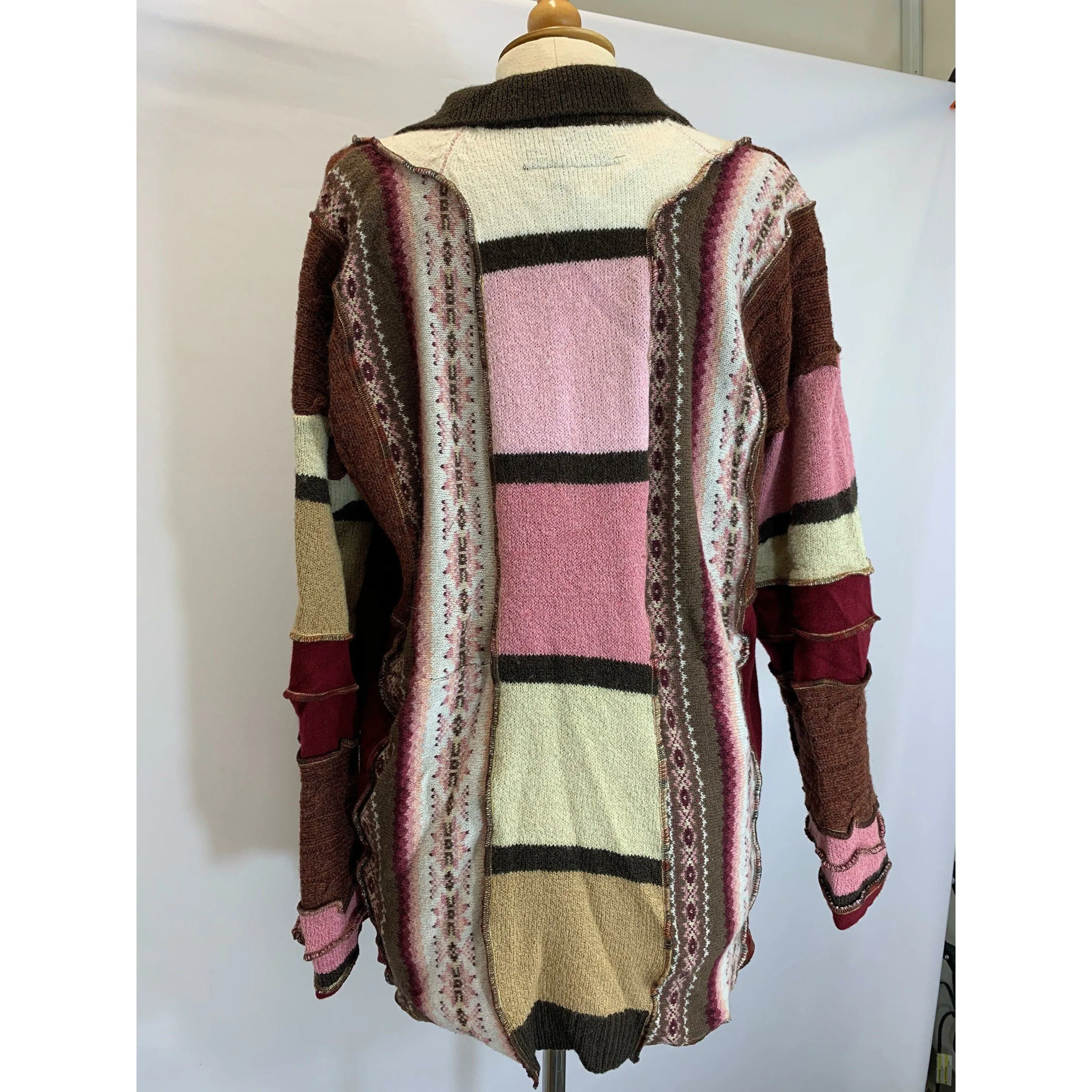 Fun Wool Cashmere Zippered front sweater cardigan jacket in recycled multi color fabrics - Large to XL. Free Shipping.