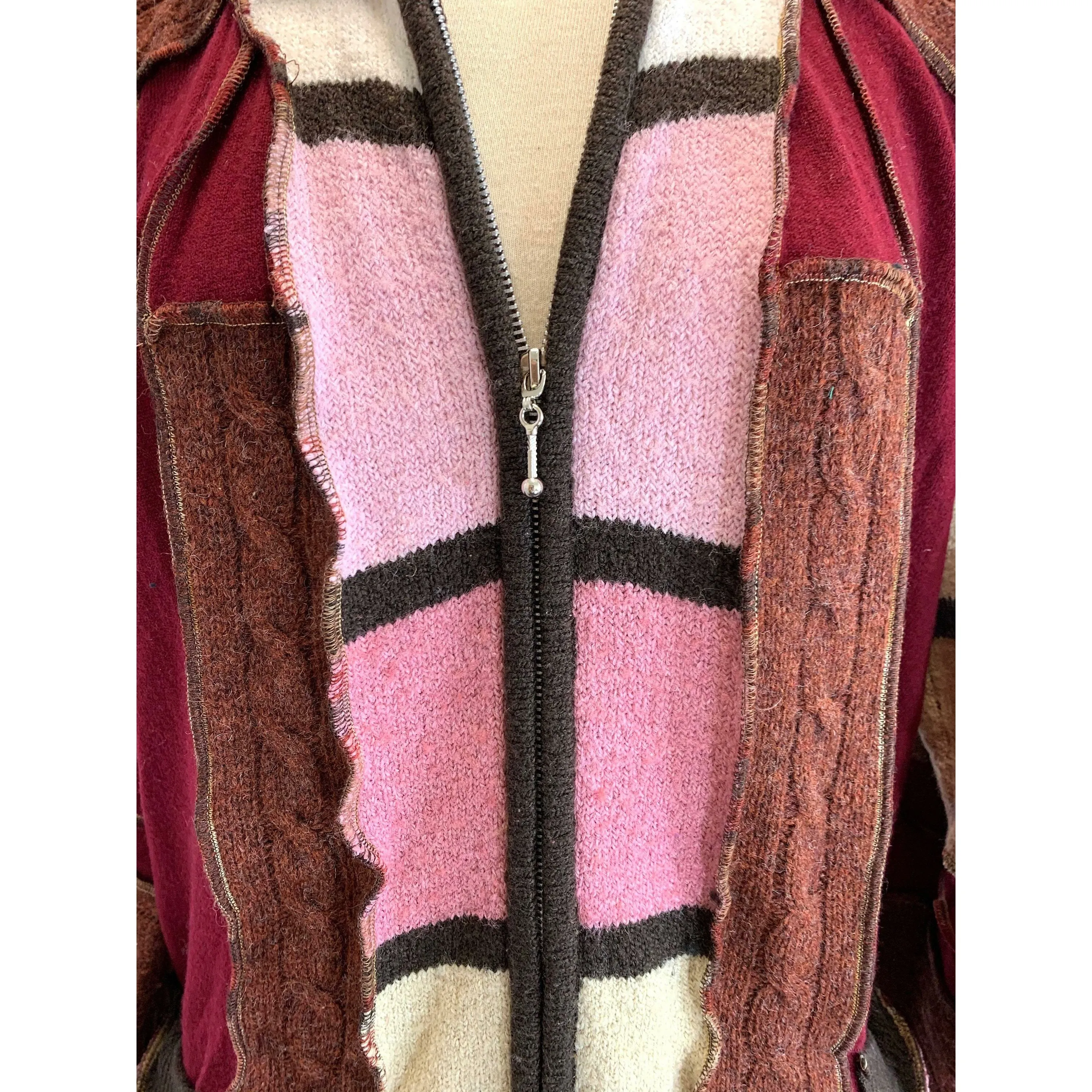 Fun Wool Cashmere Zippered front sweater cardigan jacket in recycled multi color fabrics - Large to XL. Free Shipping.
