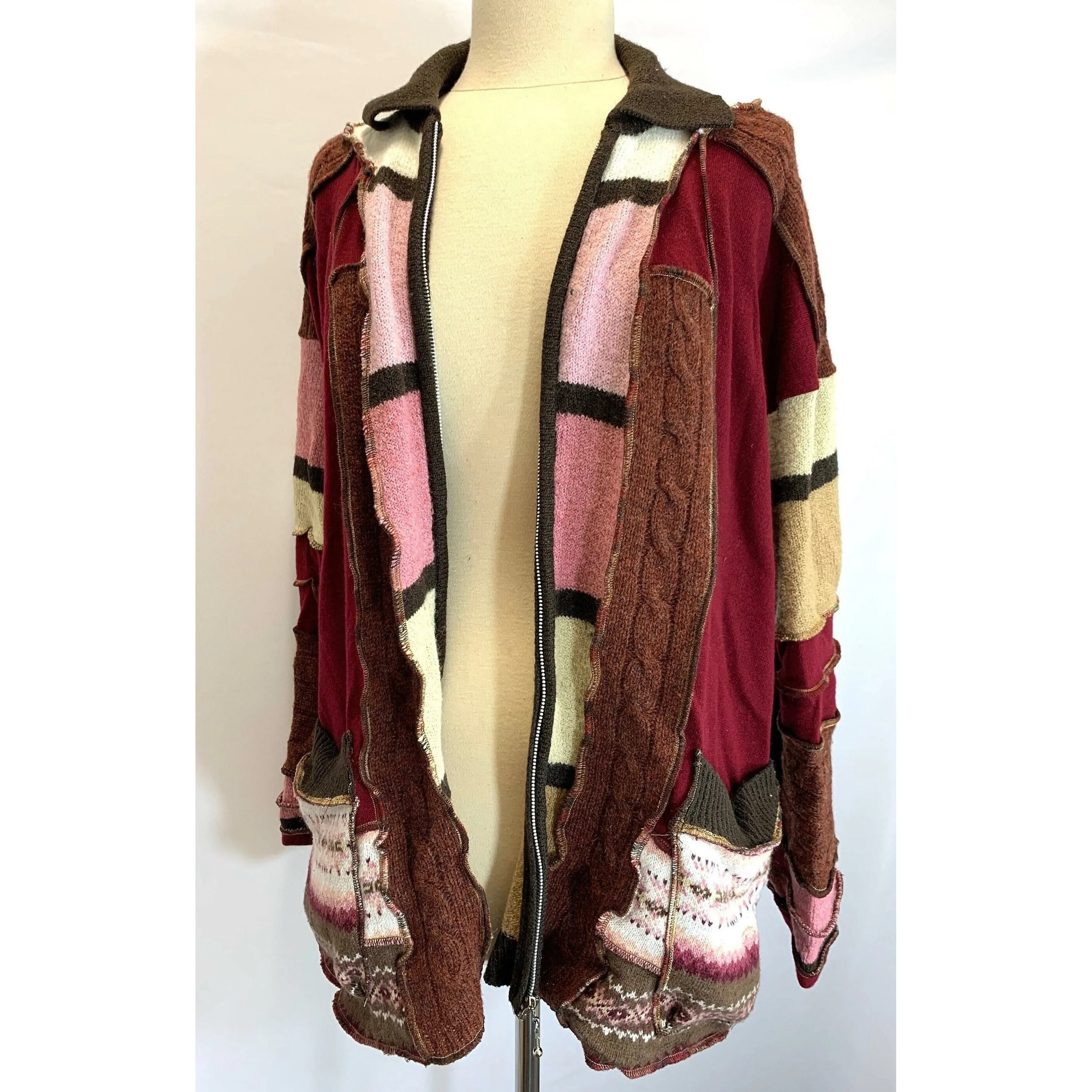 Fun Wool Cashmere Zippered front sweater cardigan jacket in recycled multi color fabrics - Large to XL. Free Shipping.