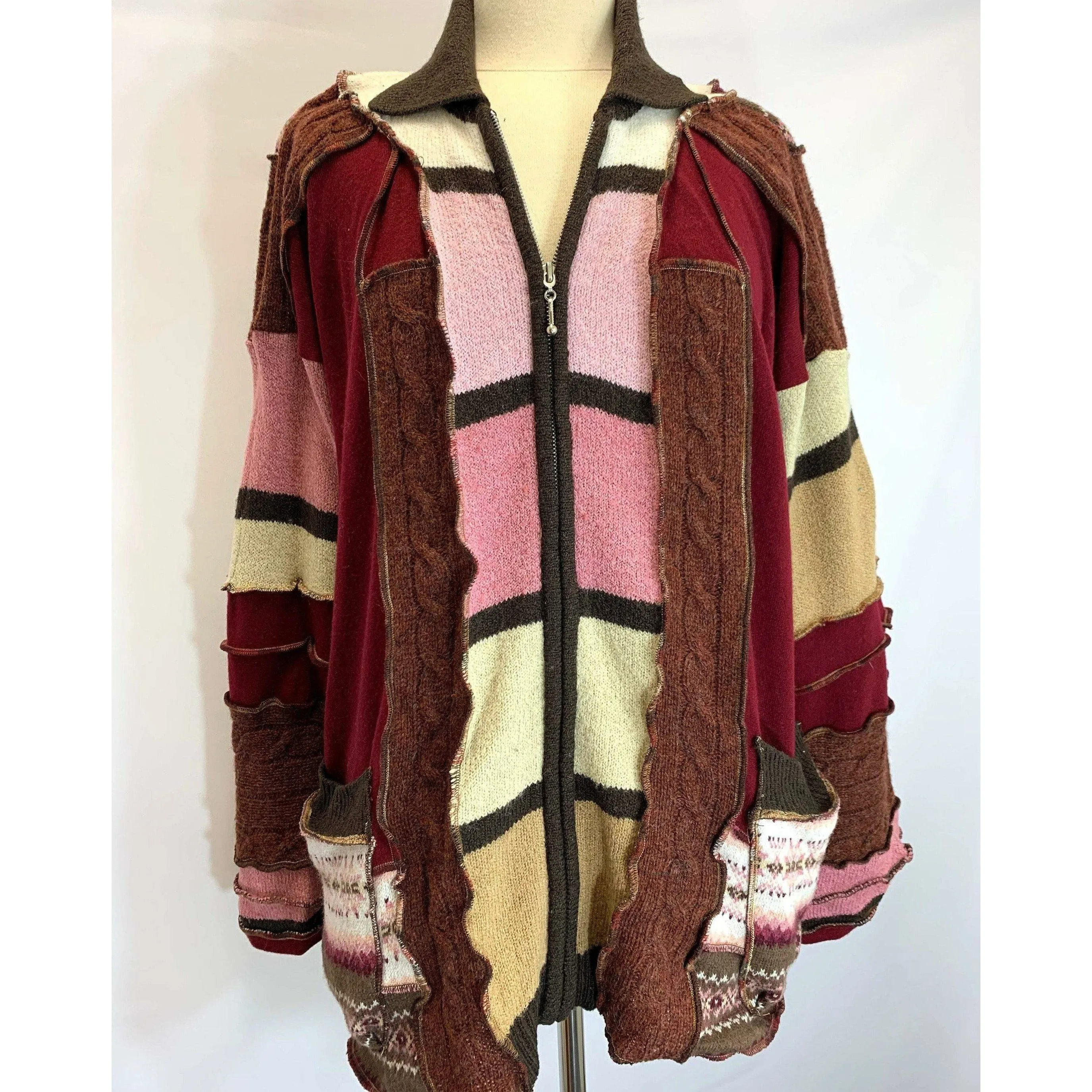 Fun Wool Cashmere Zippered front sweater cardigan jacket in recycled multi color fabrics - Large to XL. Free Shipping.